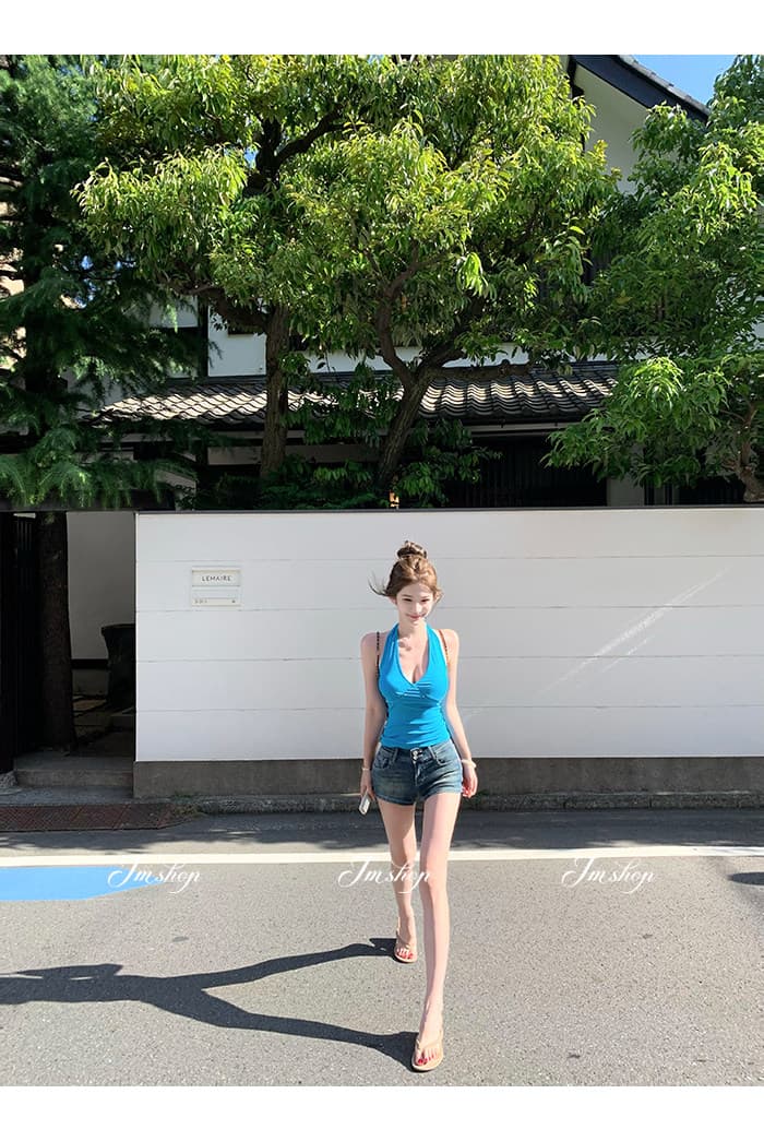 jmshop 핏 스타일 노크 좋은 ~ 중 vtg 센스 작은 반바지 하이웨이스트 이중 버튼 펭 넓적 다리 데님 반바지 레트로 핫 바지 상세 이미지 11