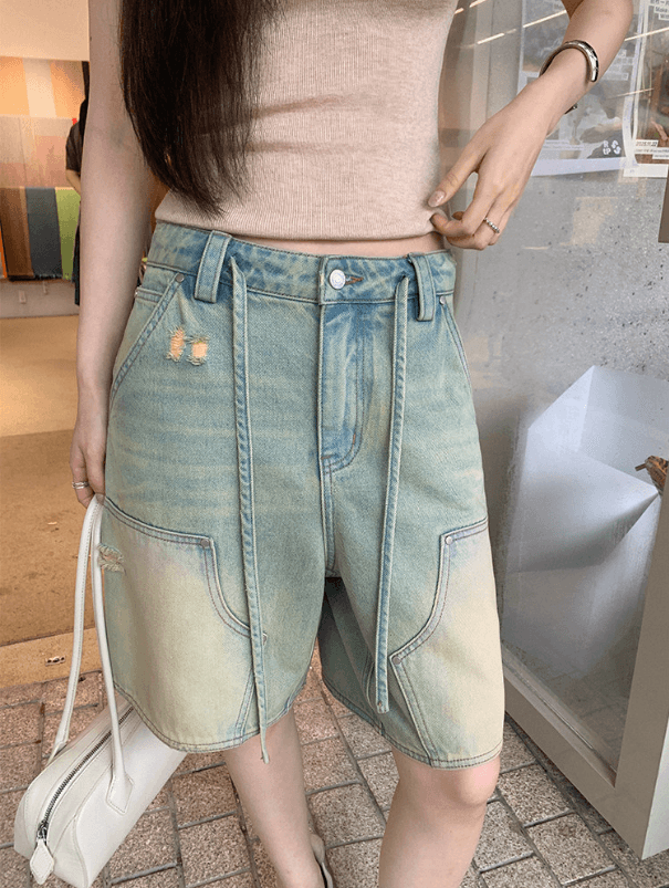 장 베이 베이 ibell 해체 센스 워크웨어 막대기 가방 루즈핏 슬림해 보이는 얇고 가벼운 레트로 마 오래된 데님 넓은 다리가 짧다. 바지 여성