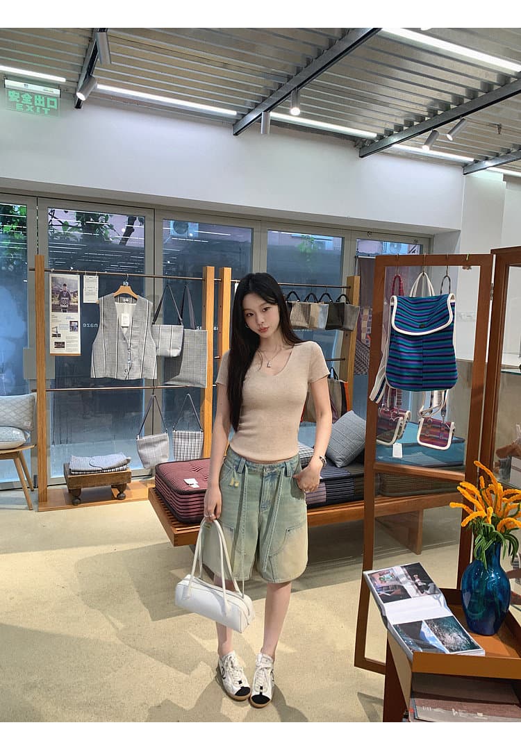장 베이 베이 ibell 해체 센스 워크웨어 막대기 가방 루즈핏 슬림해 보이는 얇고 가벼운 레트로 마 오래된 데님 넓은 다리가 짧다. 바지 여성 상세 이미지 14