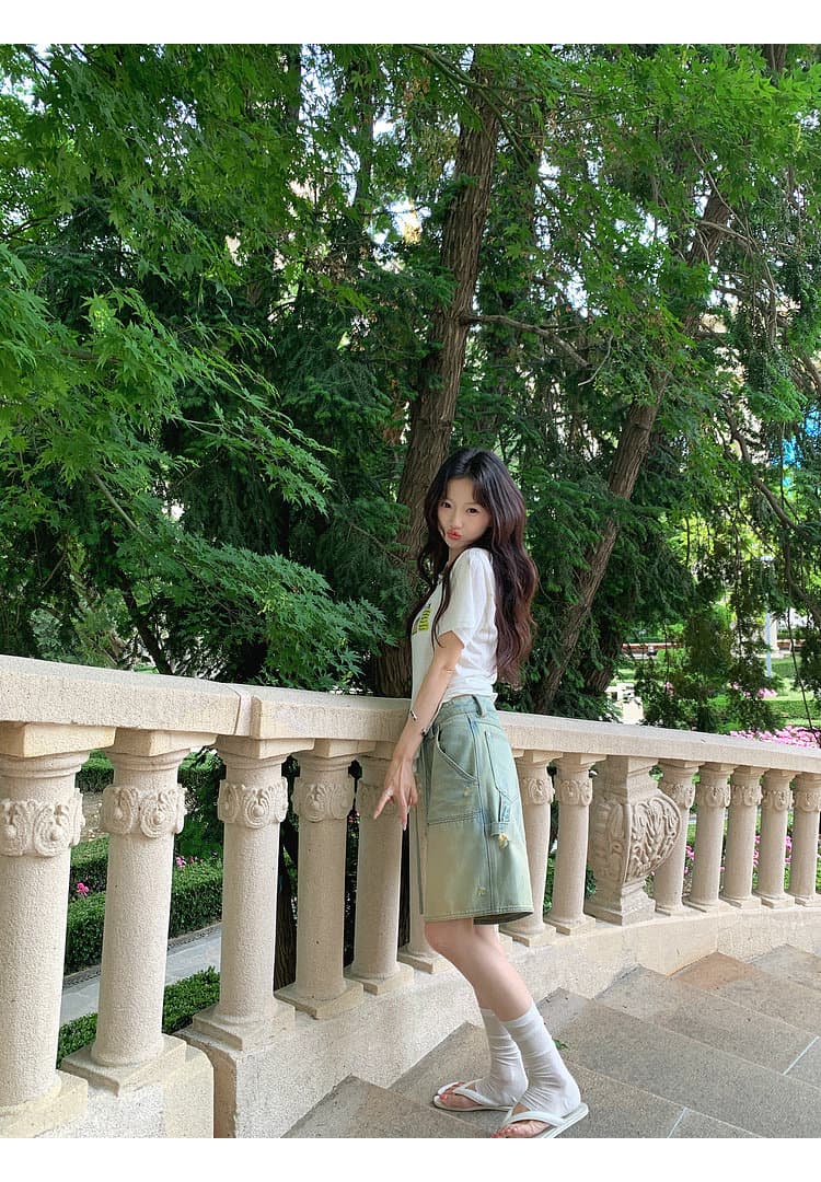 장 베이 베이 ibell 해체 센스 워크웨어 막대기 가방 루즈핏 슬림해 보이는 얇고 가벼운 레트로 마 오래된 데님 넓은 다리가 짧다. 바지 여성 상세 이미지 24