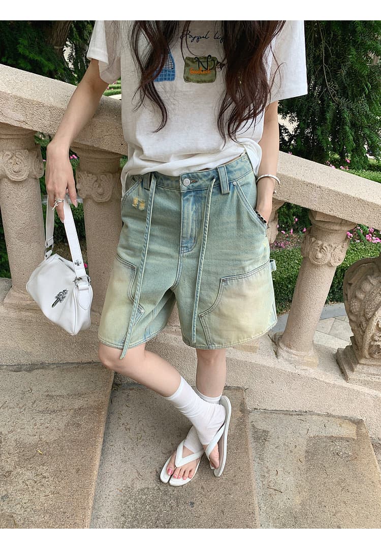 장 베이 베이 ibell 해체 센스 워크웨어 막대기 가방 루즈핏 슬림해 보이는 얇고 가벼운 레트로 마 오래된 데님 넓은 다리가 짧다. 바지 여성 상세 이미지 25