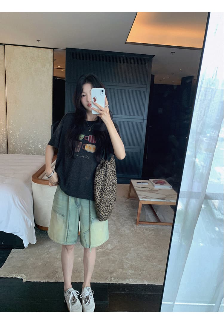 장 베이 베이 ibell 해체 센스 워크웨어 막대기 가방 루즈핏 슬림해 보이는 얇고 가벼운 레트로 마 오래된 데님 넓은 다리가 짧다. 바지 여성 상세 이미지 26