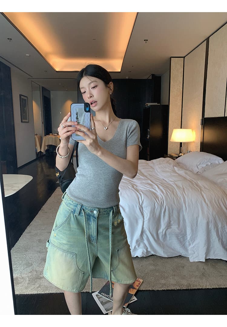 장 베이 베이 ibell 해체 센스 워크웨어 막대기 가방 루즈핏 슬림해 보이는 얇고 가벼운 레트로 마 오래된 데님 넓은 다리가 짧다. 바지 여성 상세 이미지 29