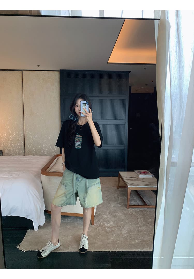 장 베이 베이 ibell 해체 센스 워크웨어 막대기 가방 루즈핏 슬림해 보이는 얇고 가벼운 레트로 마 오래된 데님 넓은 다리가 짧다. 바지 여성 상세 이미지 35