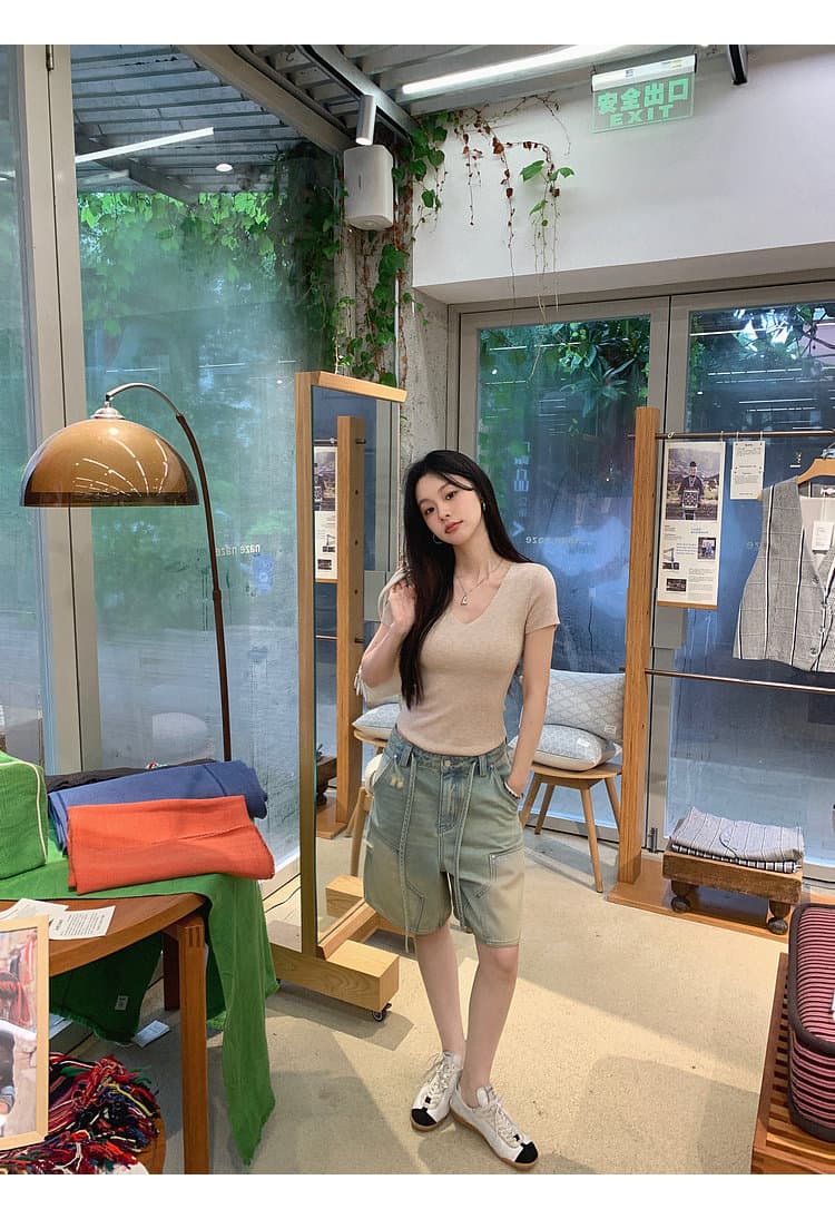 장 베이 베이 ibell 해체 센스 워크웨어 막대기 가방 루즈핏 슬림해 보이는 얇고 가벼운 레트로 마 오래된 데님 넓은 다리가 짧다. 바지 여성 상세 이미지 42