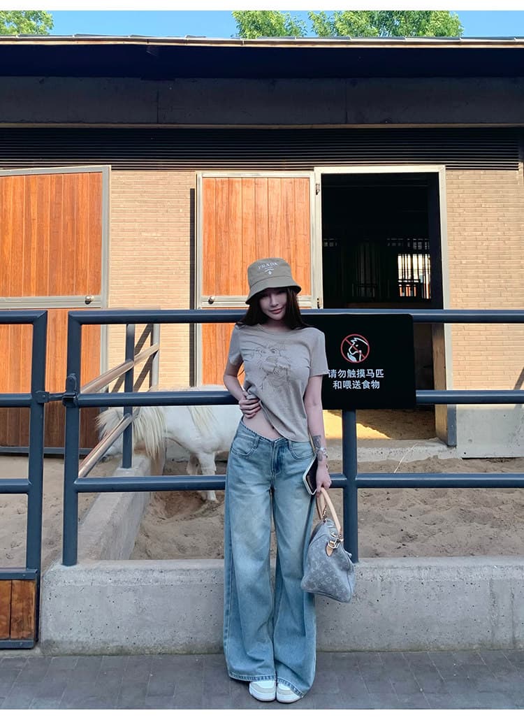 suuuicee 페이 Na 길모퉁이 등 허리 배색 자수 없음 허리 머리 바람 로우 웨이스트 루즈핏 스트레이트 청바지 상세 이미지 26