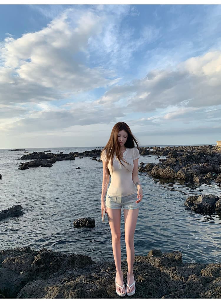 suuuicee 해안선 그라데이션 워싱 블루 화이트 상쾌 세로 줄무늬 고정 볼륨 측면 로우 웨이스트 데님 반바지 상세 이미지 9