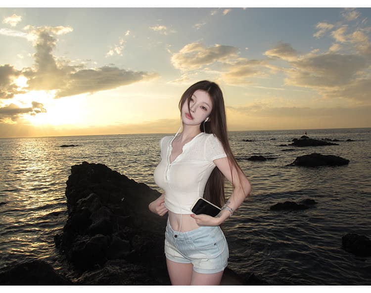 suuuicee 해안선 그라데이션 워싱 블루 화이트 상쾌 세로 줄무늬 고정 볼륨 측면 로우 웨이스트 데님 반바지 상세 이미지 17