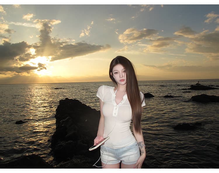 suuuicee 해안선 그라데이션 워싱 블루 화이트 상쾌 세로 줄무늬 고정 볼륨 측면 로우 웨이스트 데님 반바지 상세 이미지 18