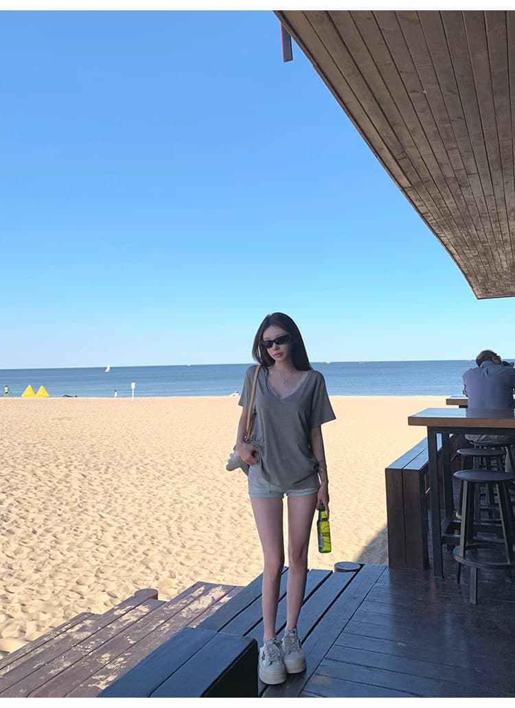 suuuicee 해안선 그라데이션 워싱 블루 화이트 상쾌 세로 줄무늬 고정 볼륨 측면 로우 웨이스트 데님 반바지 상세 이미지 28