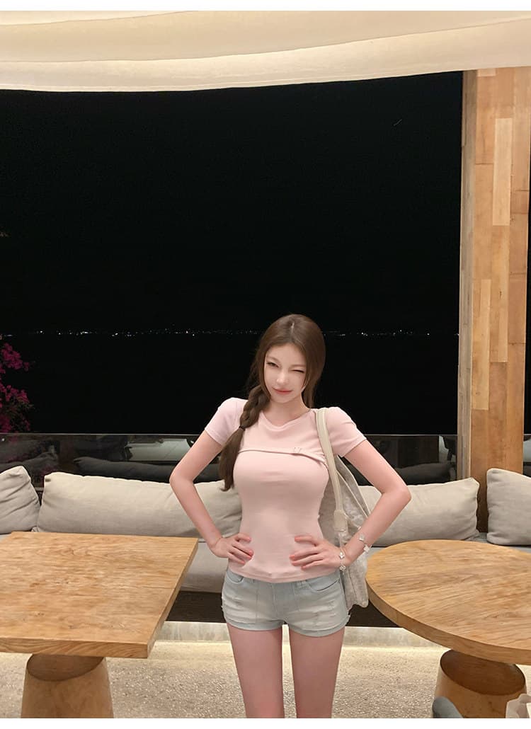 suuuicee 해안선 그라데이션 워싱 블루 화이트 상쾌 세로 줄무늬 고정 볼륨 측면 로우 웨이스트 데님 반바지 상세 이미지 38