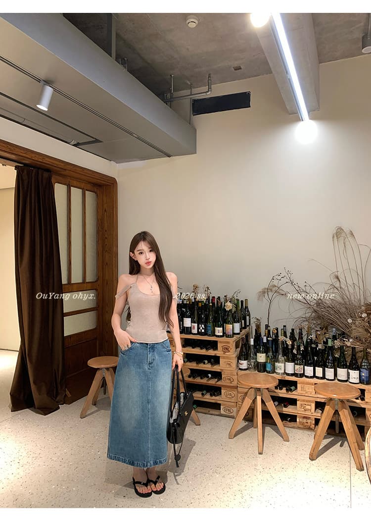지구 Ouyang 도시 단 닝 클래식 절대 안함 폐기 됨 더블 공예 타이트 스커트 이후 트임 한 마디 데님 반신 스커트 상세 이미지 34