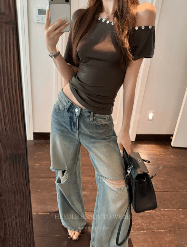 검은 콩 흠 baggy 데님 레트로 마 오래된 찢어진 부분 청바지 로우 웨이스트 루즈핏 슬림해 보이는 와이드 레그 팬츠 긴 바지 이미지 3