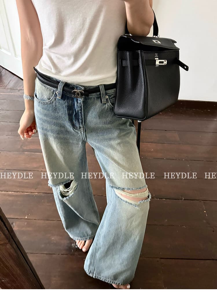 검은 콩 흠 baggy 데님 레트로 마 오래된 찢어진 부분 청바지 로우 웨이스트 루즈핏 슬림해 보이는 와이드 레그 팬츠 긴 바지 상세 이미지 36