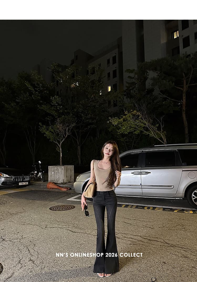 첸 좋은 난 nns 하프 한 바지 레트로 마 오래된 워싱 블랙 곡선 분할선 부츠컷 청바지 상세 이미지 32
