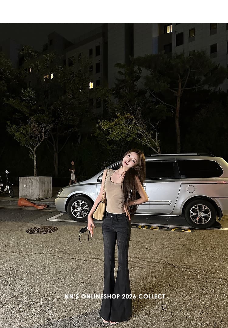 첸 좋은 난 nns 하프 한 바지 레트로 마 오래된 워싱 블랙 곡선 분할선 부츠컷 청바지 상세 이미지 34