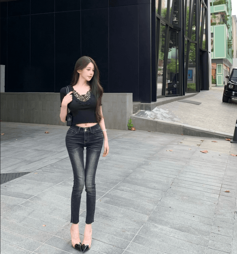 cher 챠오어 아름다운 다리 사실 기록 청바지 여성 어두운 회색 중간 허리 작은 발 바지 몸매 가꾸기 신축성 9부 바지 상세 이미지 9