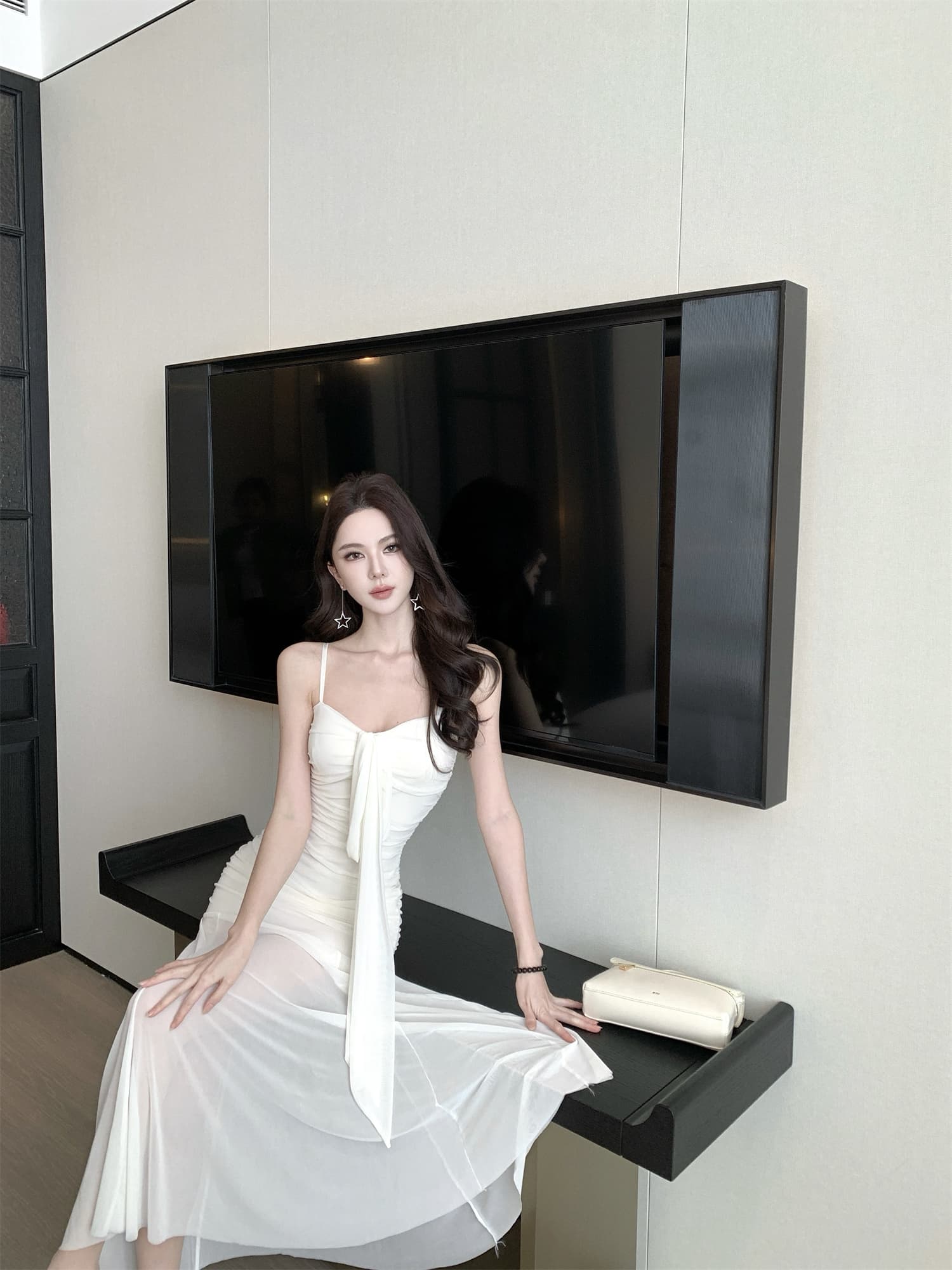 실사 비디오 새로운 섹시함 핫걸 순수한 욕망 바람 메시 원단 튜브탑 행침 목 슬림해 보이는 타이트 스커트 슬립 드레스 상세 이미지 1
