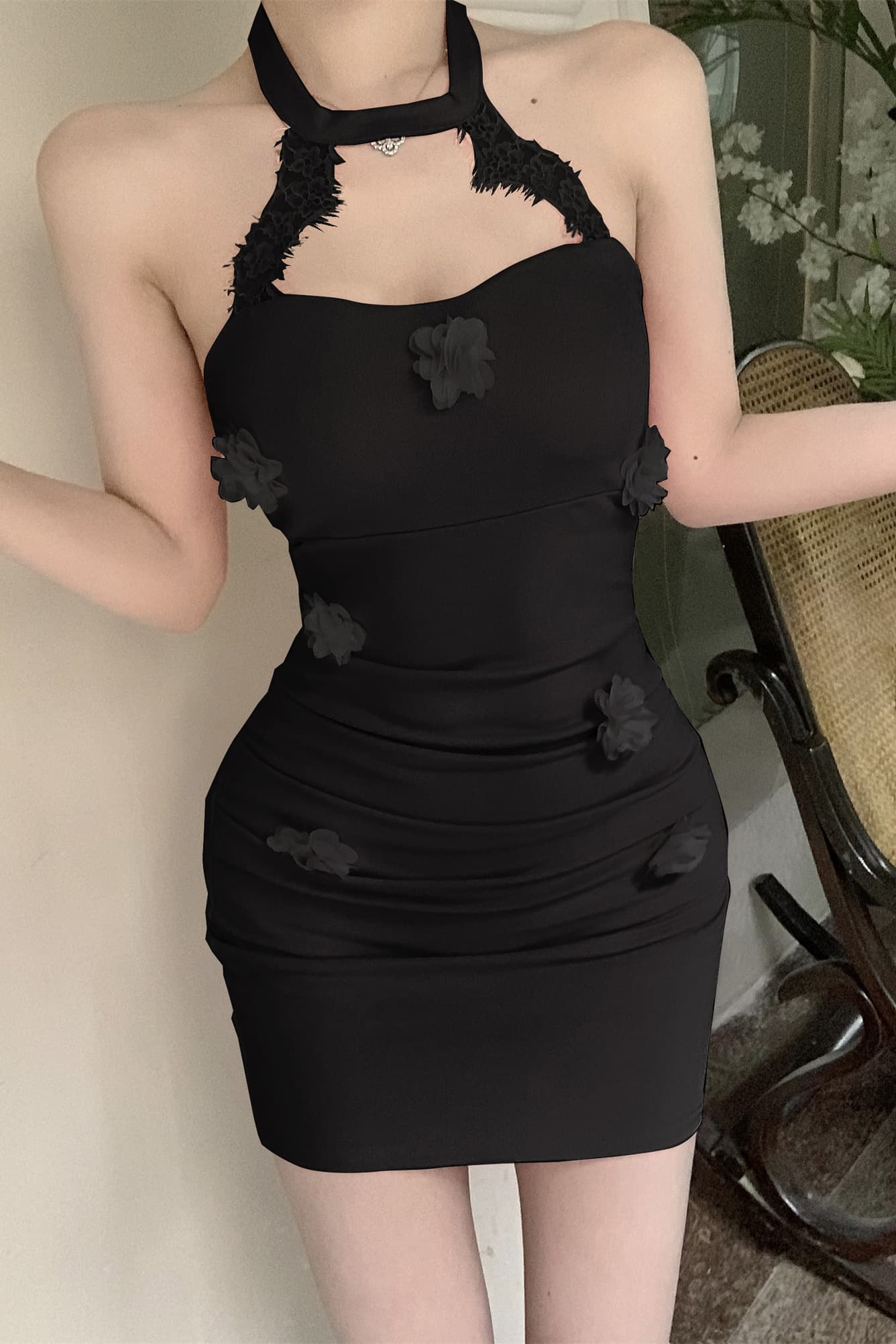 실사 비디오 새로운 순수한 욕망 바람 섹시함 행침 목 3 차원 꽃 패치워크 디자인 센스 몸매 가꾸기 타이트 스커트 드레스 이미지 7