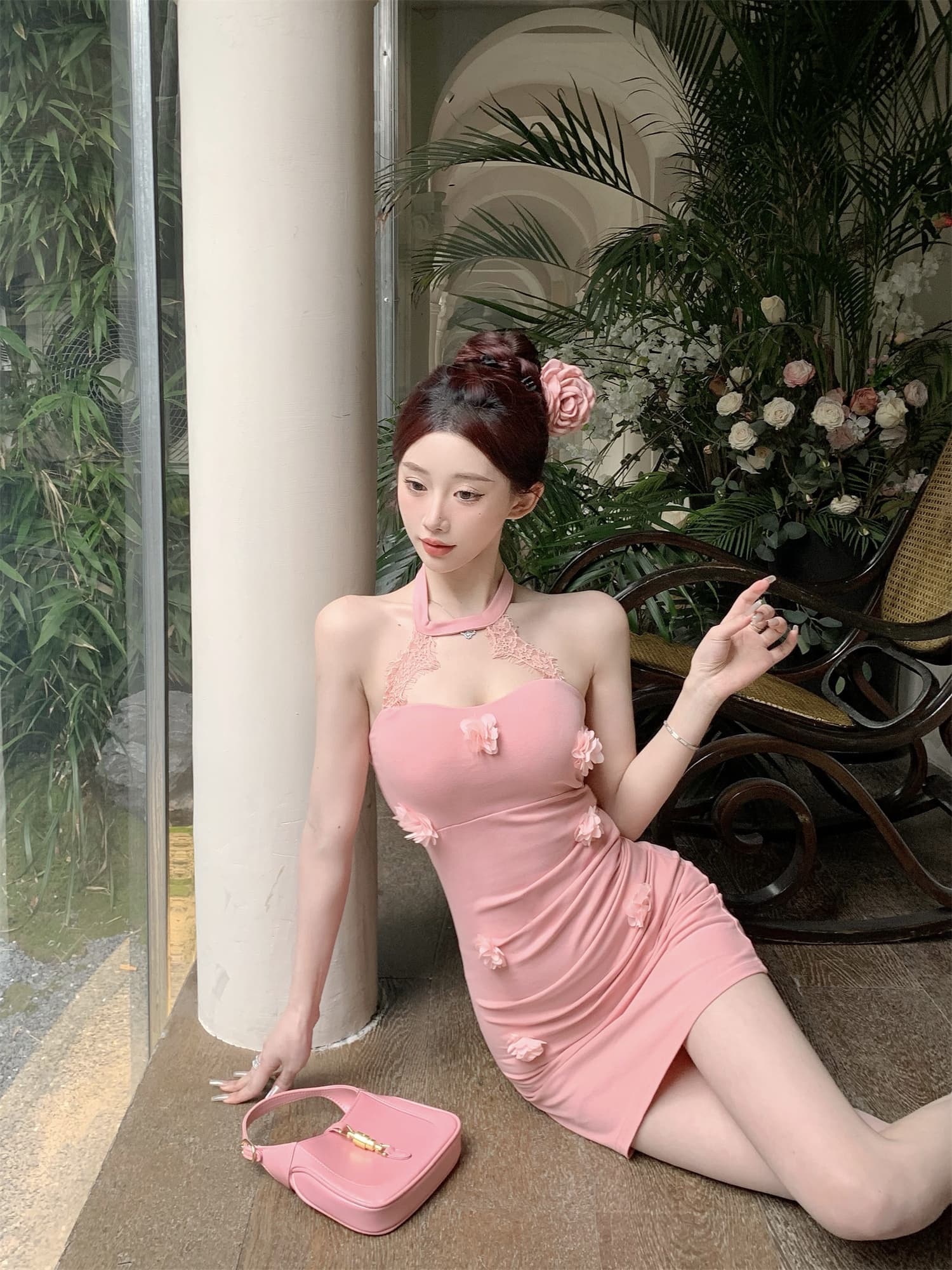 실사 비디오 새로운 순수한 욕망 바람 섹시함 행침 목 3 차원 꽃 패치워크 디자인 센스 몸매 가꾸기 타이트 스커트 드레스 상세 이미지 2