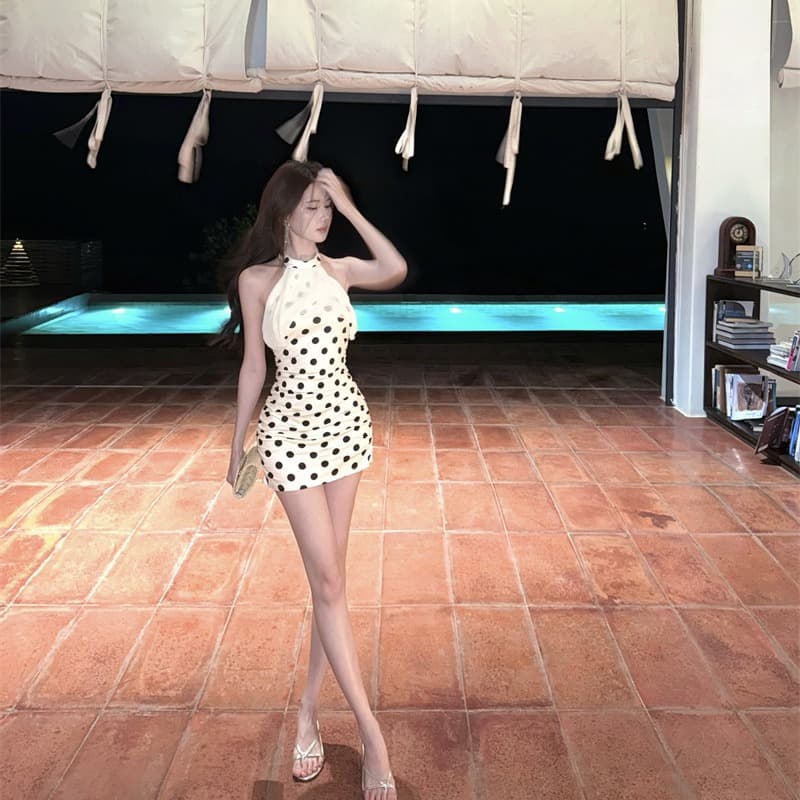 실사 비디오 새로운 달콤한 핫걸 섹시함 행침 목 오프숄더 쉬폰 패치워크 도트 무늬 프린트 주름 드레스 이미지 6