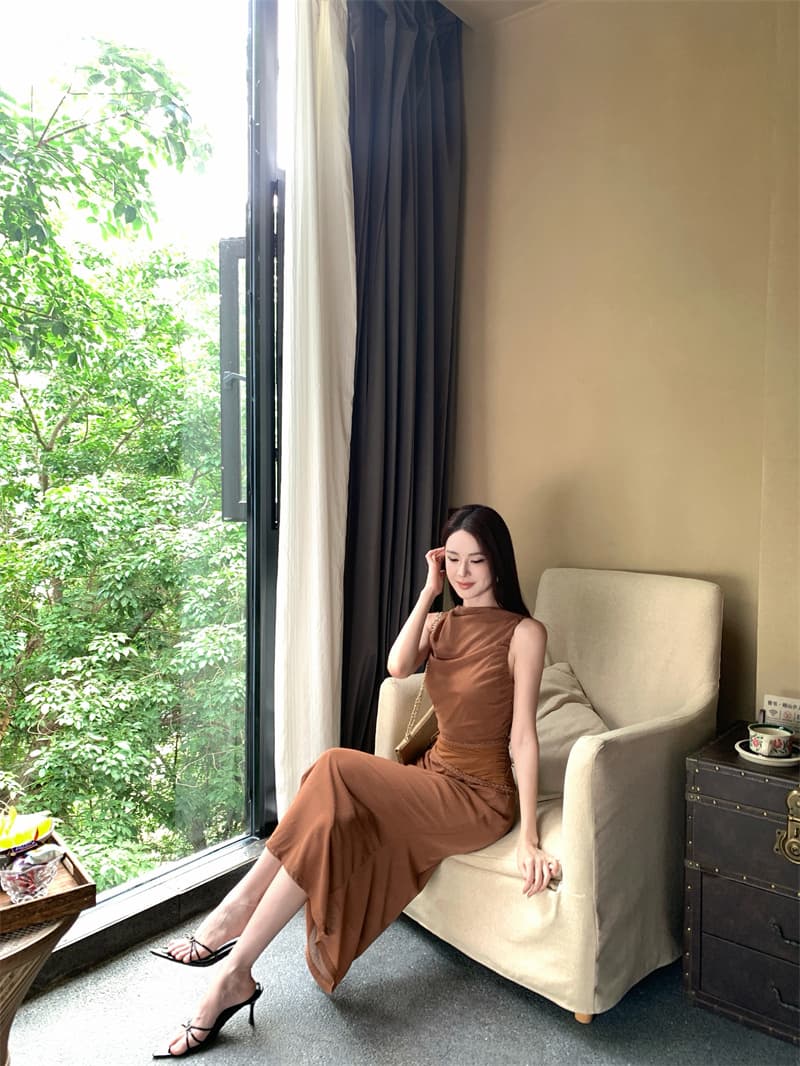 실사 비디오 새로운 프랑스식 레트로 꽈배기 드리다 메시 원단 패치워크 디자인 센스 주름 몸매 가꾸기 슬림해 보이는 드레스 상세 이미지 4