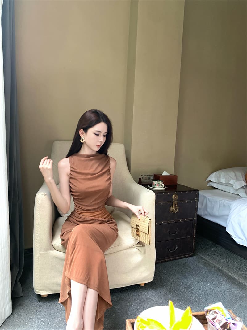 실사 비디오 새로운 프랑스식 레트로 꽈배기 드리다 메시 원단 패치워크 디자인 센스 주름 몸매 가꾸기 슬림해 보이는 드레스 상세 이미지 7