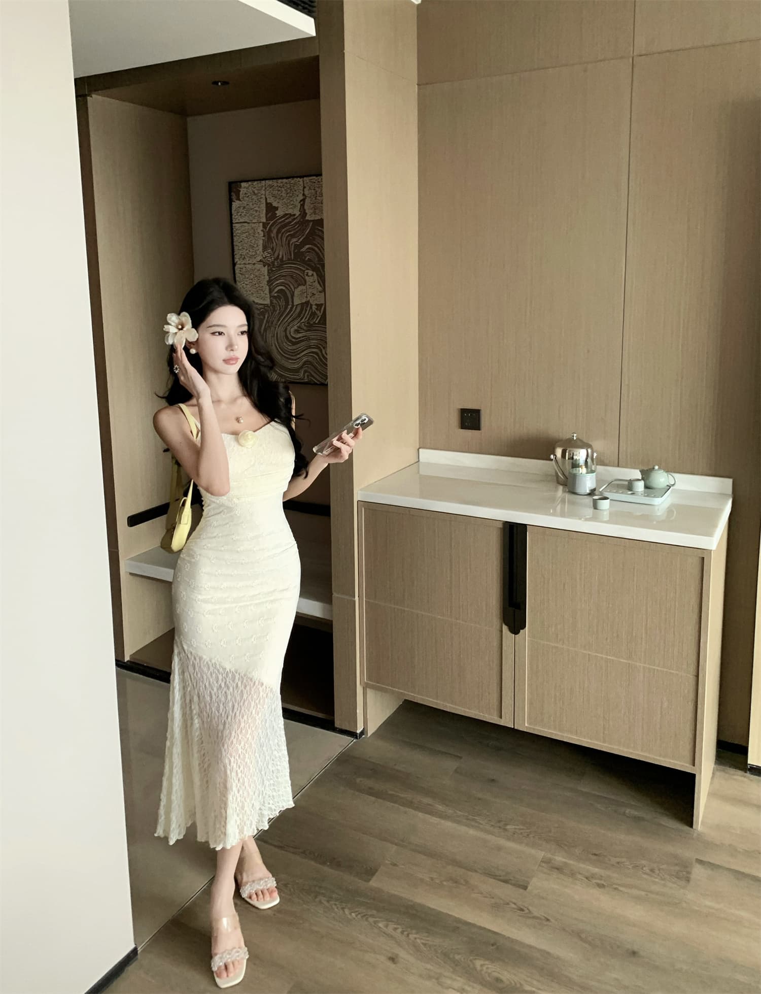 실사 비디오 새로운 품격 순수한 욕망 섹시함 레이스 광장 칼라 슬립 드레스 허리 수축 타이트 스커트 드레스 상세 이미지 8