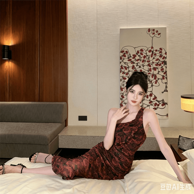 실사 비디오 새로운 프랑스식 레트로 장미 망사 프린트 섹시함 비스듬한 어깨 불규칙 타이트 스커트 드레스 이미지 2