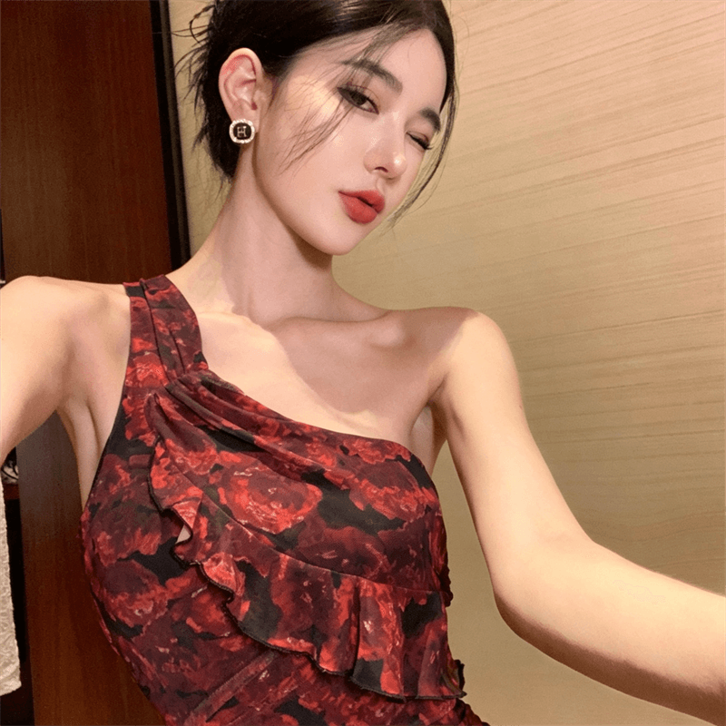 실사 비디오 새로운 프랑스식 레트로 장미 망사 프린트 섹시함 비스듬한 어깨 불규칙 타이트 스커트 드레스 상세 이미지 8