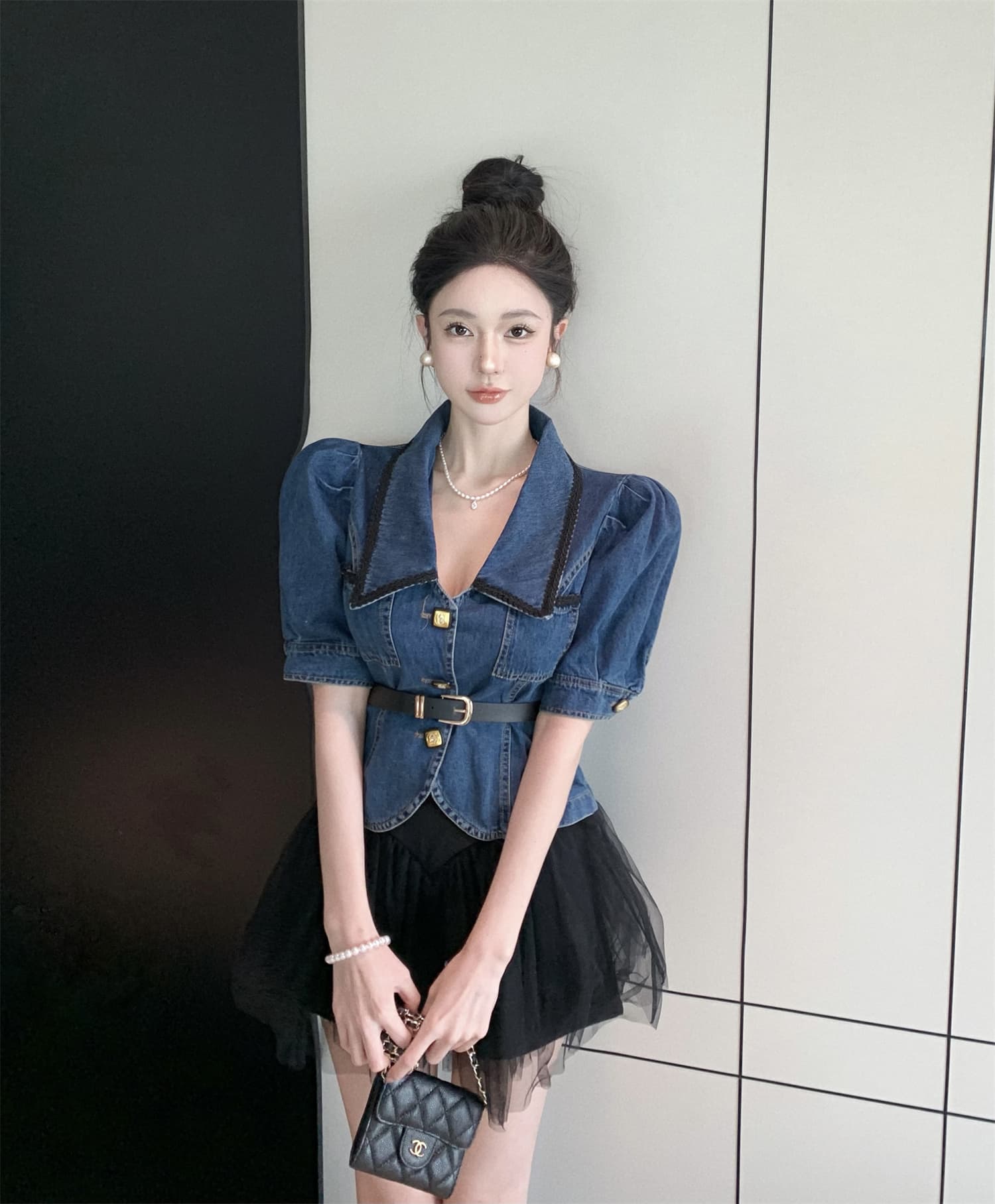 실사 비디오 새로운 패션 폴로 칼라 데님 재킷 벨트 포함 망사 치마 노출 방지 바지 세트 이미지 2