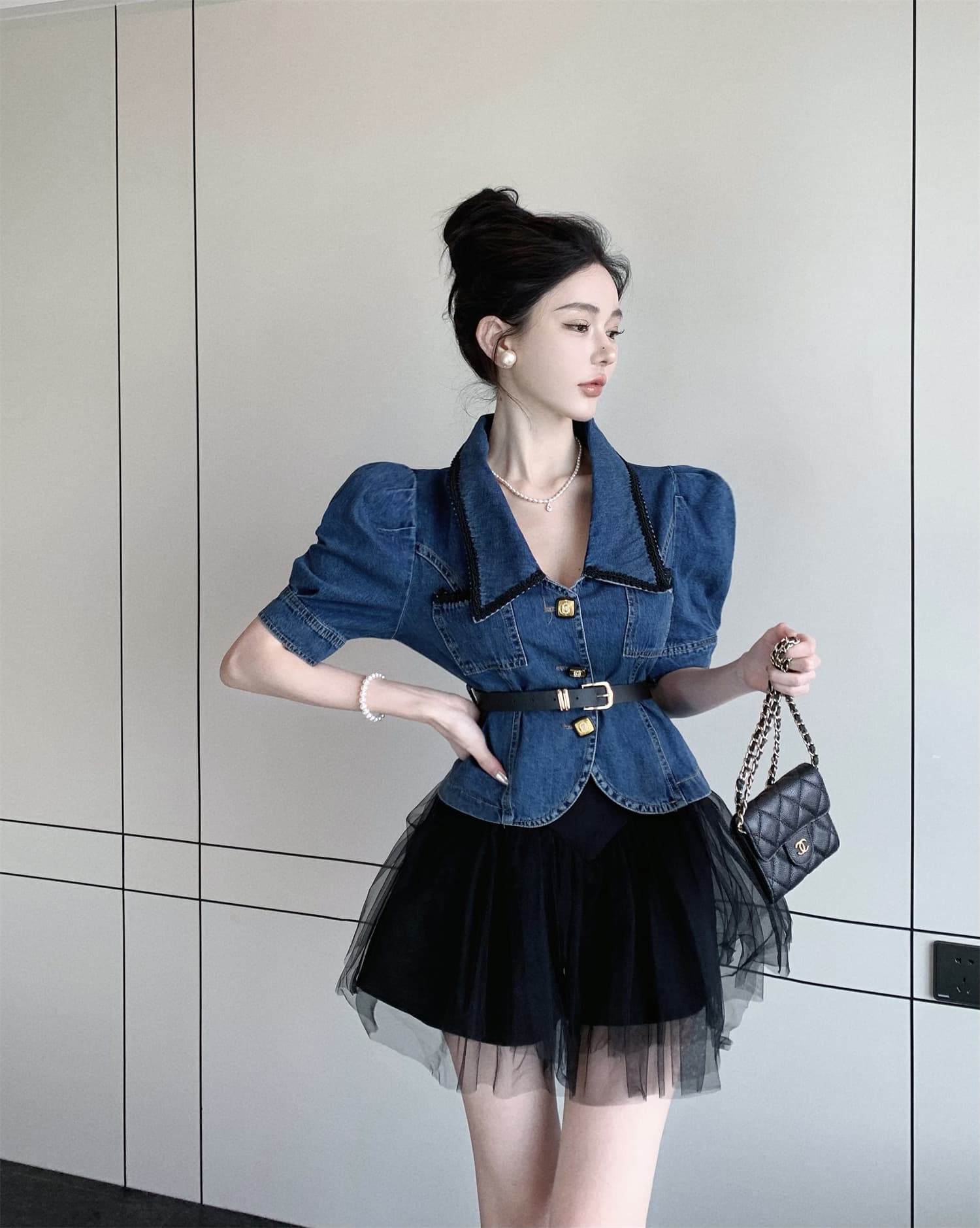 실사 비디오 새로운 패션 폴로 칼라 데님 재킷 벨트 포함 망사 치마 노출 방지 바지 세트 상세 이미지 10