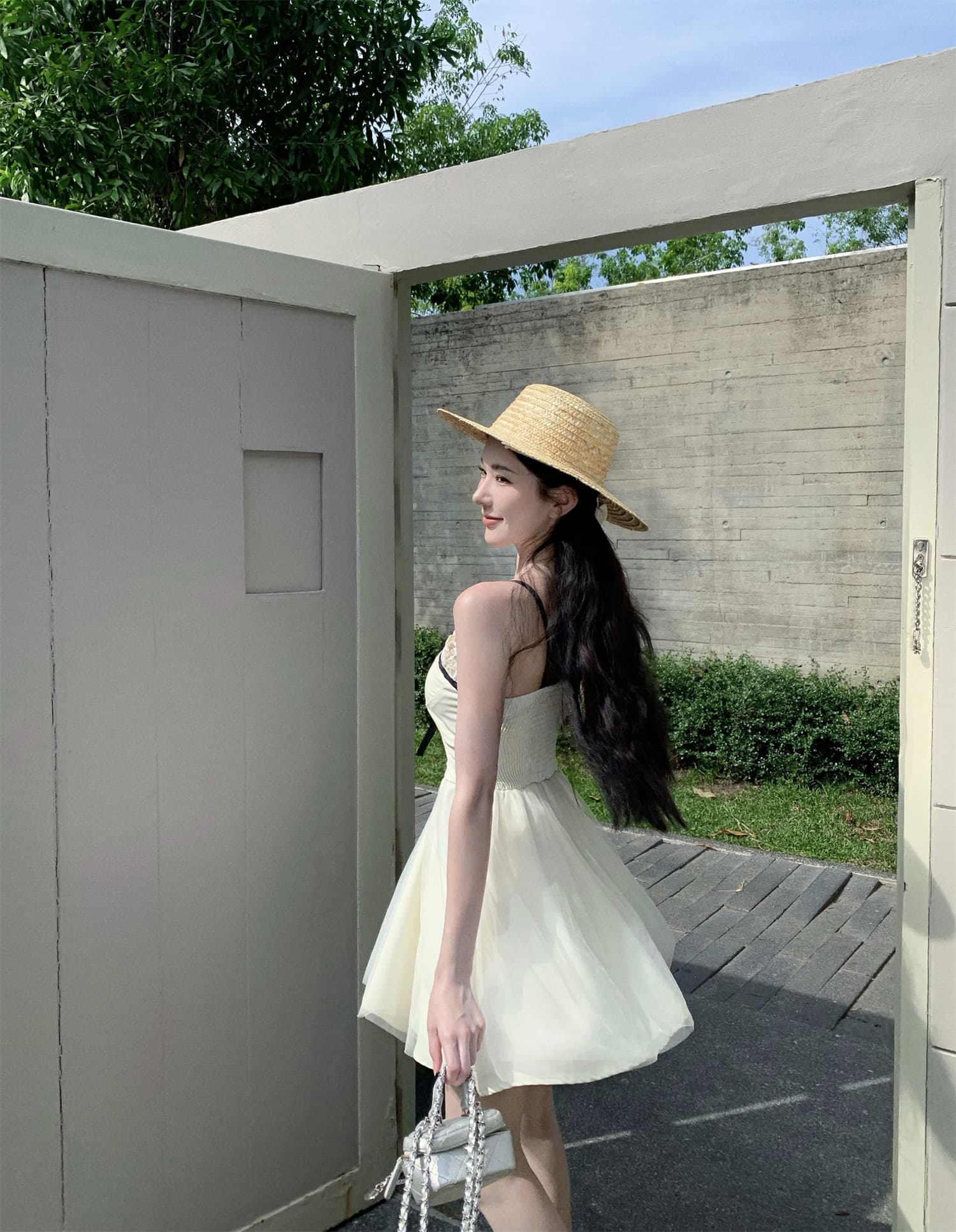 실사 비디오 새로운 순수한 욕망 부서 연령 감소 작은 키 슬립 드레스 나비 매듭 메시 원단 퍼프 드레스 상세 이미지 5