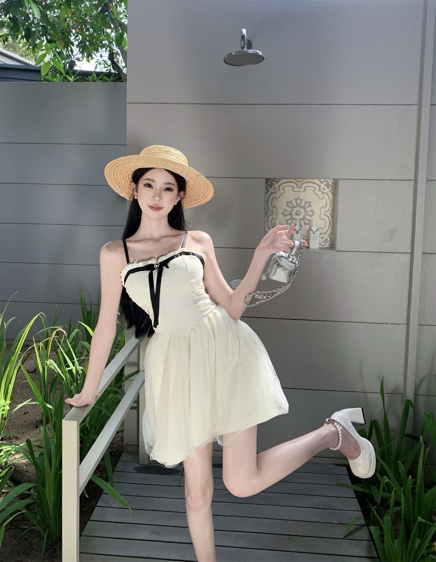 실사 비디오 새로운 순수한 욕망 부서 연령 감소 작은 키 슬립 드레스 나비 매듭 메시 원단 퍼프 드레스 상세 이미지 9