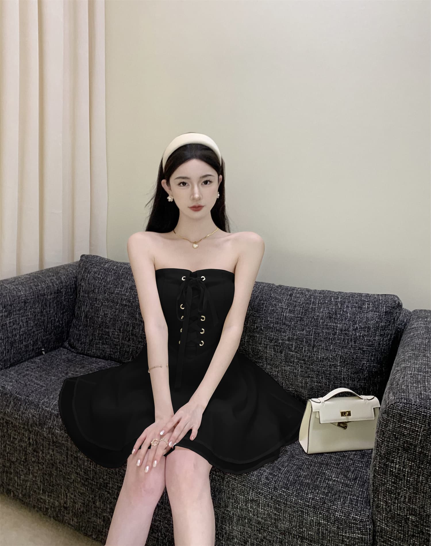 실사 비디오 새로운 순수한 욕망 바람 핫걸 섹시함 튜브탑 스트랩 패치워크 퍼프 스커트 허리 수축 드레스 이미지 5