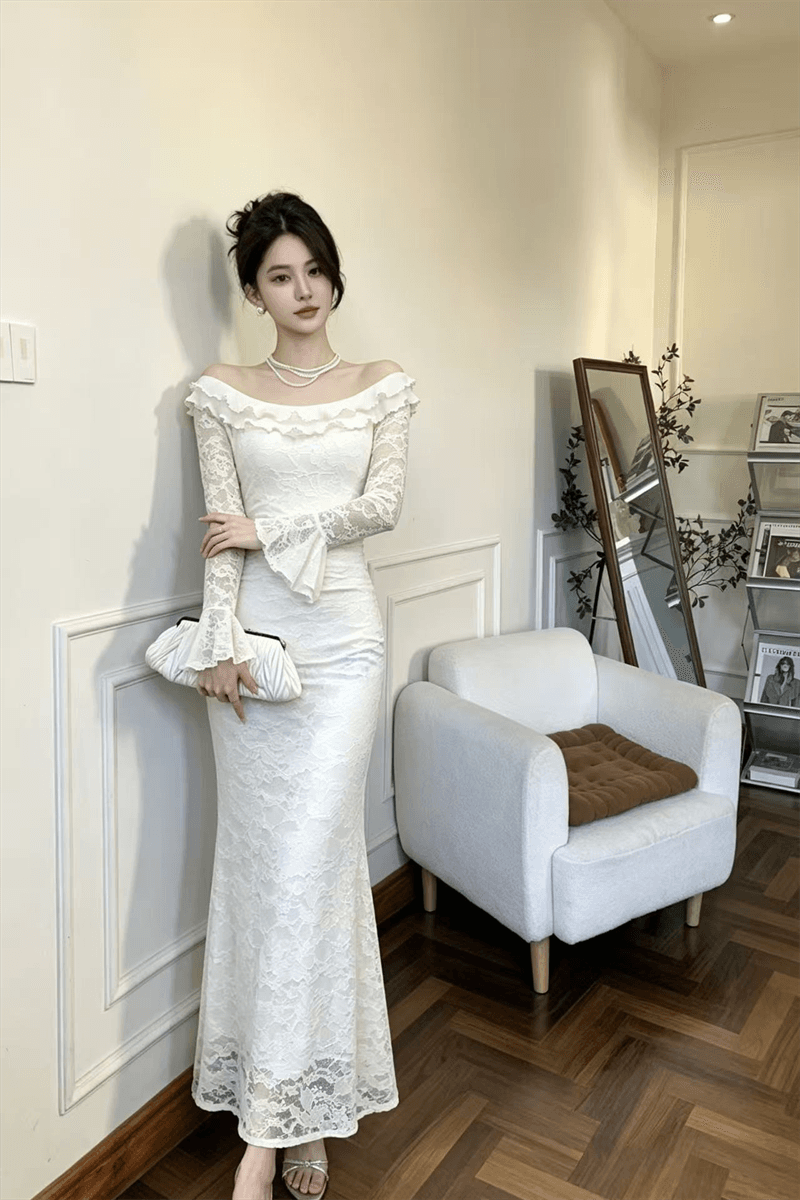 실사 지불 부드러운 바람 보트넥 레이스 나팔 긴팔 허리 수축 슬림해 보이는 품격 롱 코트 드레스 이미지 4