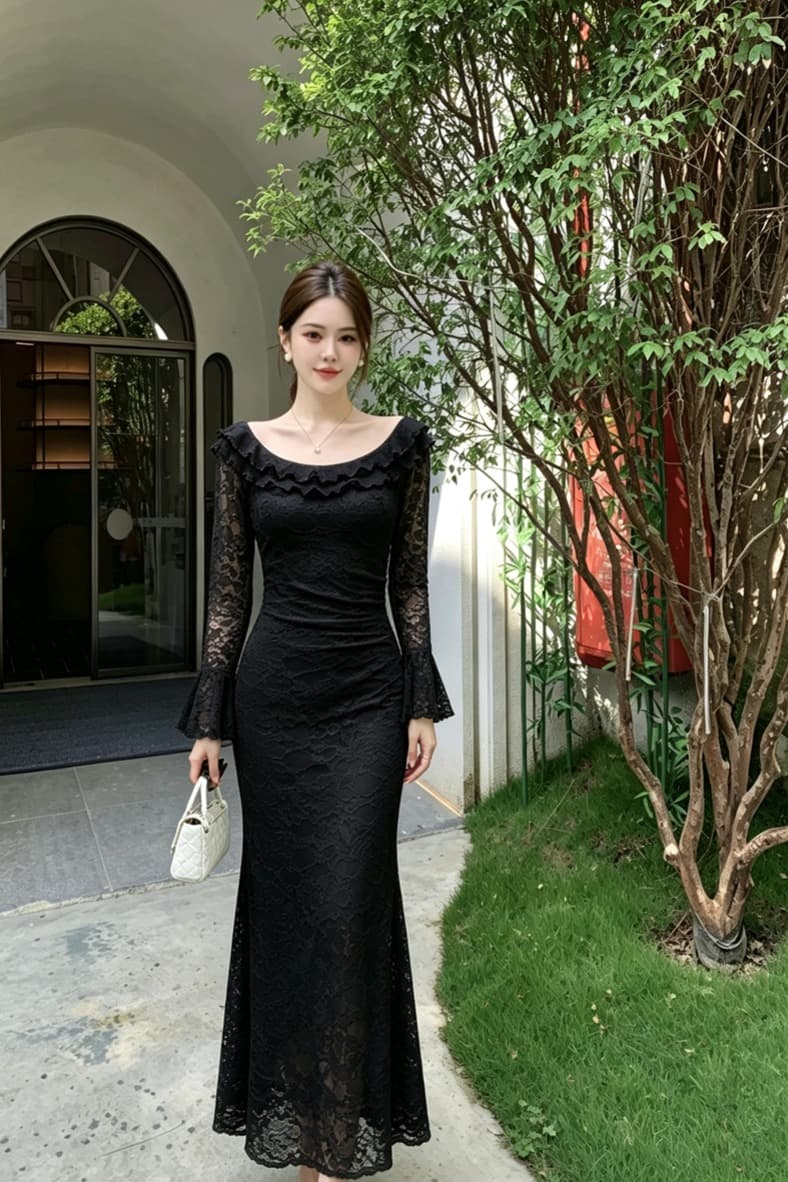 실사 지불 부드러운 바람 보트넥 레이스 나팔 긴팔 허리 수축 슬림해 보이는 품격 롱 코트 드레스 이미지 6