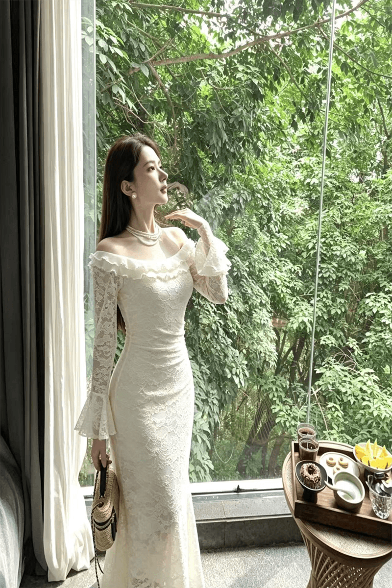 실사 지불 부드러운 바람 보트넥 레이스 나팔 긴팔 허리 수축 슬림해 보이는 품격 롱 코트 드레스 상세 이미지 2