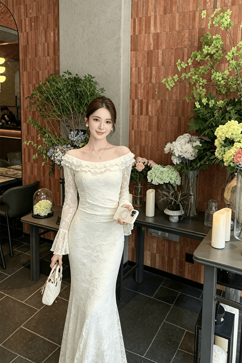 실사 지불 부드러운 바람 보트넥 레이스 나팔 긴팔 허리 수축 슬림해 보이는 품격 롱 코트 드레스 상세 이미지 5