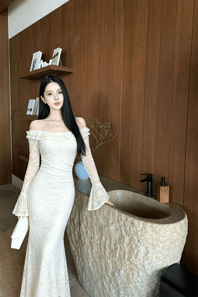 실사 지불 부드러운 바람 보트넥 레이스 나팔 긴팔 허리 수축 슬림해 보이는 품격 롱 코트 드레스 상세 이미지 7