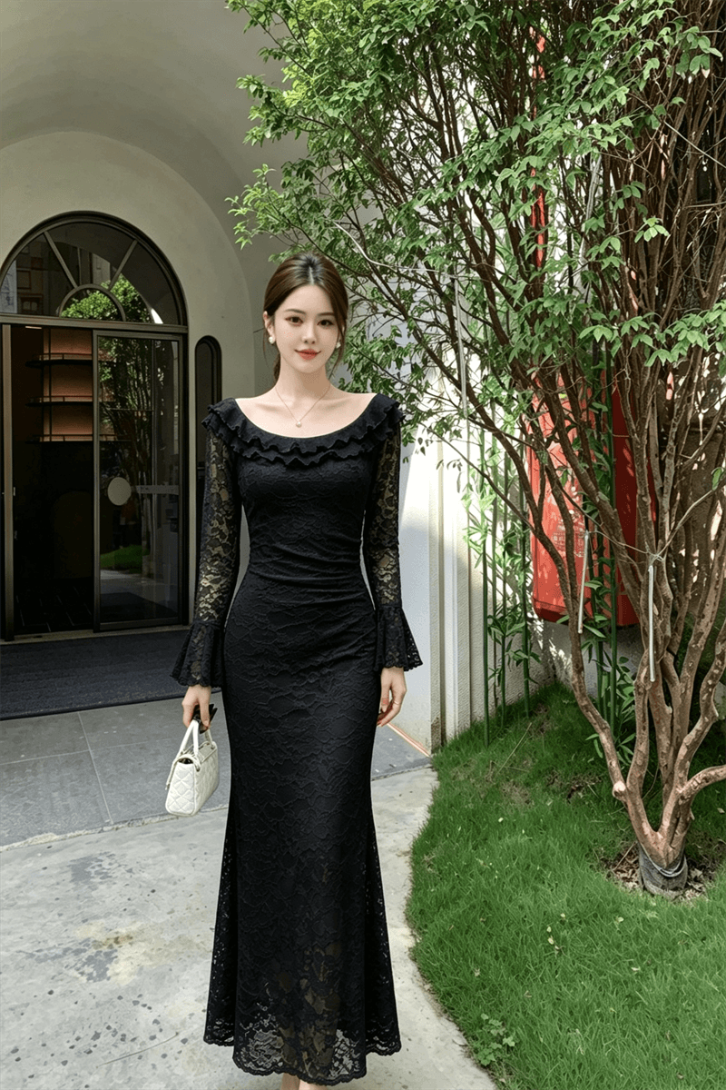 실사 지불 부드러운 바람 보트넥 레이스 나팔 긴팔 허리 수축 슬림해 보이는 품격 롱 코트 드레스 상세 이미지 9