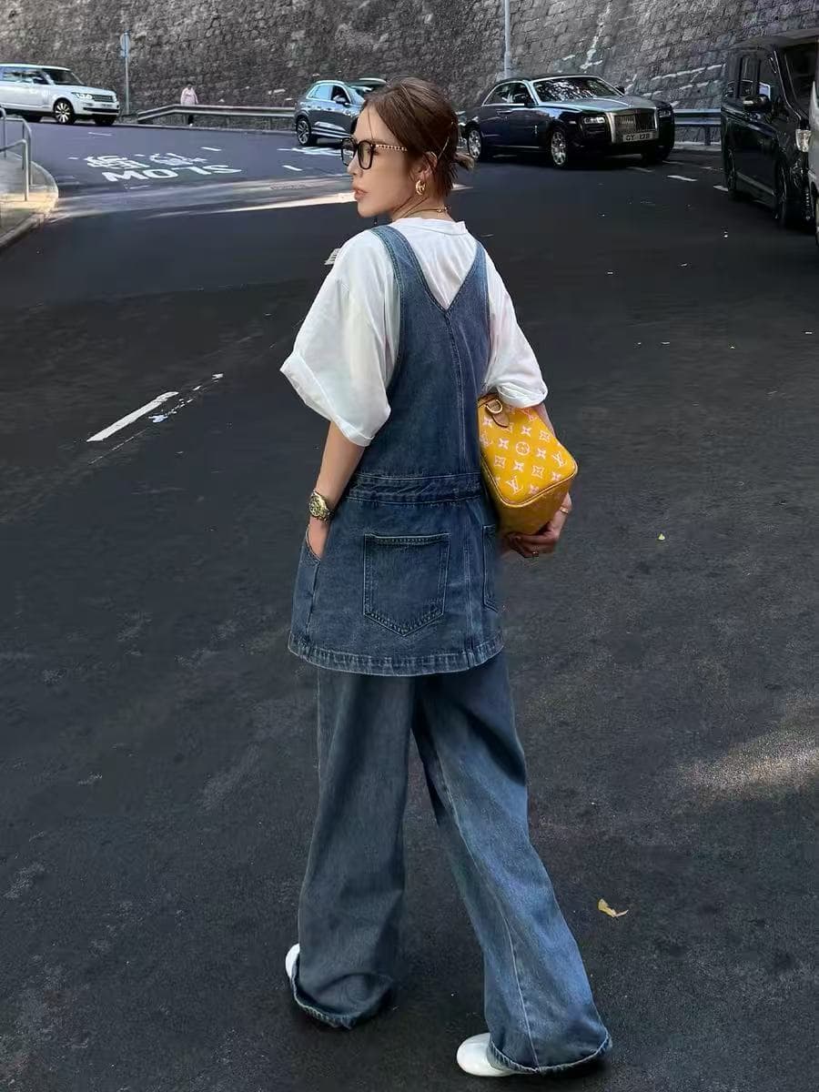 치우 조금 리 그래. 이른 봄 루즈핏 슬림해 보이는 캐주얼 스트레이트 데님 슬립 넓은 다리 올인원 긴 바지 멜빵 바지 여성 이미지 4