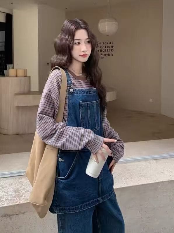 항구 바람 레트로 페이크 레이어드 디자인 센스 데님 멜빵 바지 여성 2026 봄 가을 새로운 장난기 넘치는 귀여운 와이드 레그 팬츠 트렌디 이미지 2