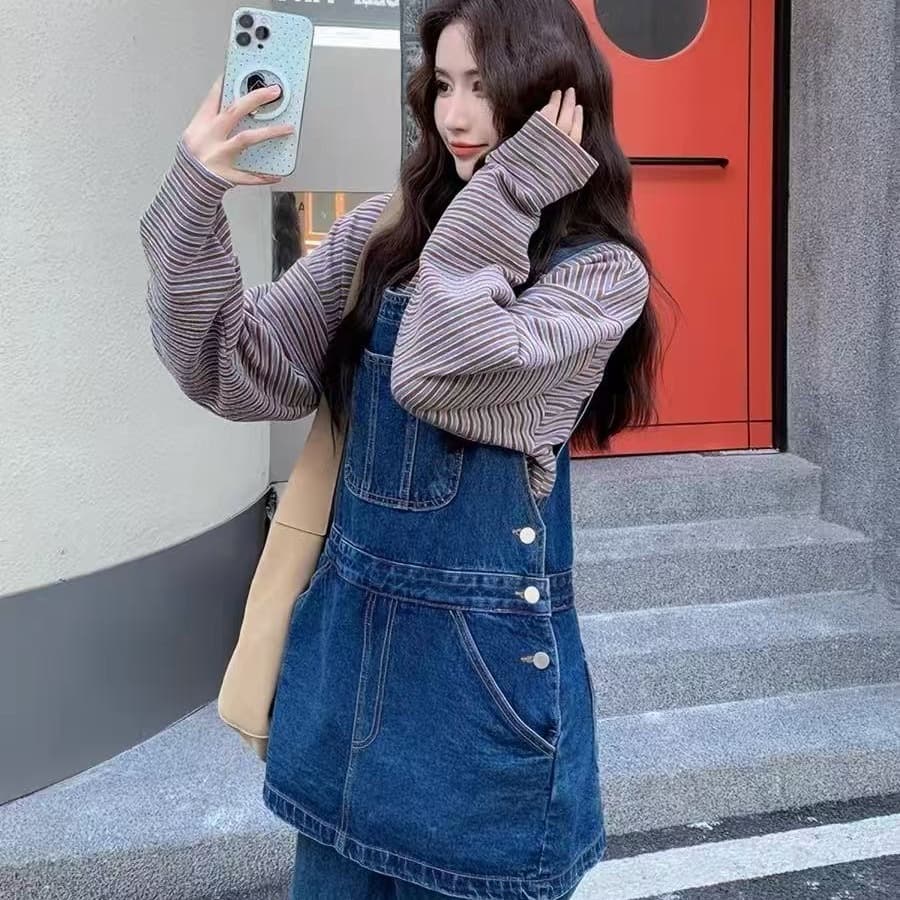 항구 바람 레트로 페이크 레이어드 디자인 센스 데님 멜빵 바지 여성 2026 봄 가을 새로운 장난기 넘치는 귀여운 와이드 레그 팬츠 트렌디 이미지 5