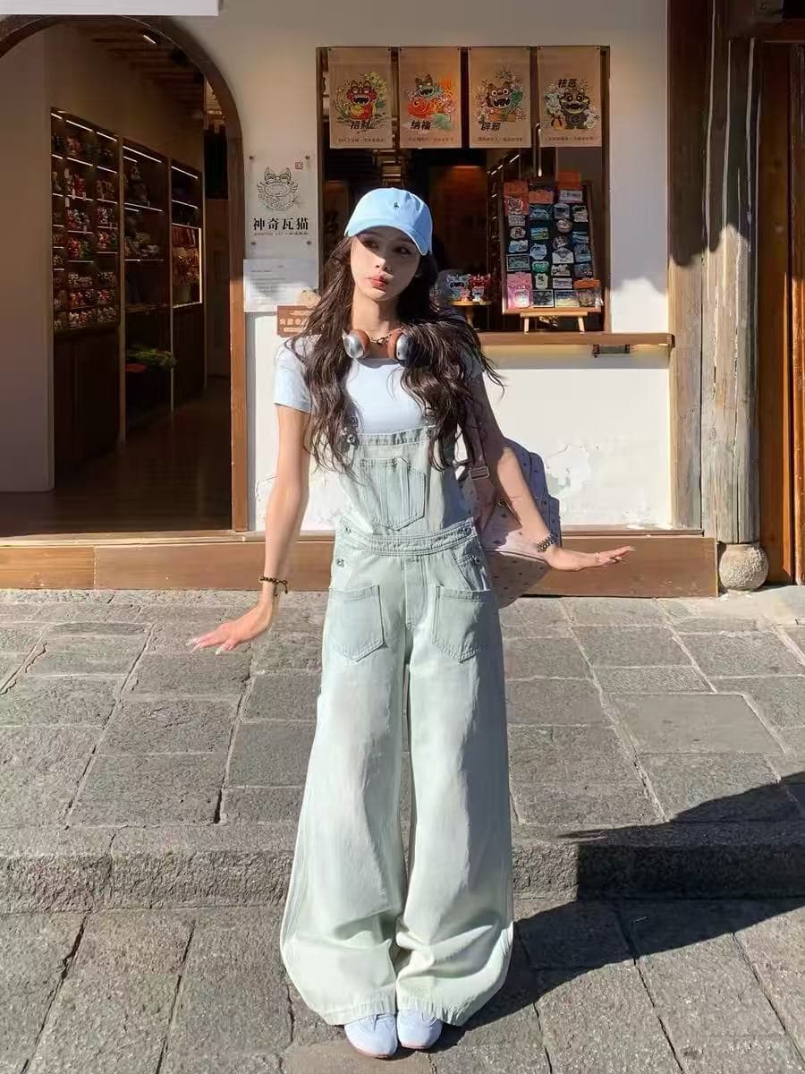 3mer 오. 오. 세 자매 레트로 워싱 데님 멜빵 바지 여성 봄 여름 연령 감소 루즈핏 캐주얼 올인원 와이드 레그 팬츠 어린이 이미지 4
