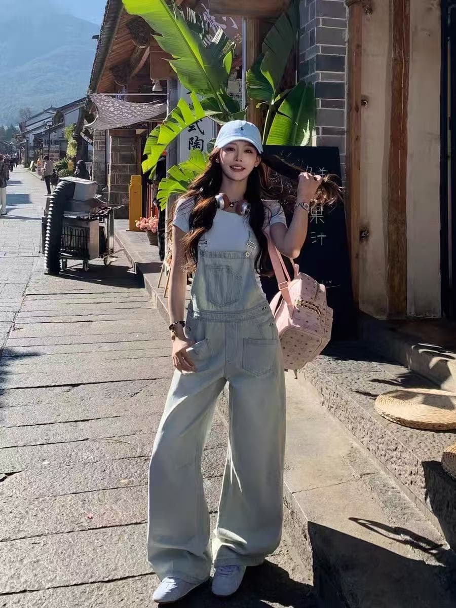 3mer 오. 오. 세 자매 레트로 워싱 데님 멜빵 바지 여성 봄 여름 연령 감소 루즈핏 캐주얼 올인원 와이드 레그 팬츠 어린이 이미지 3