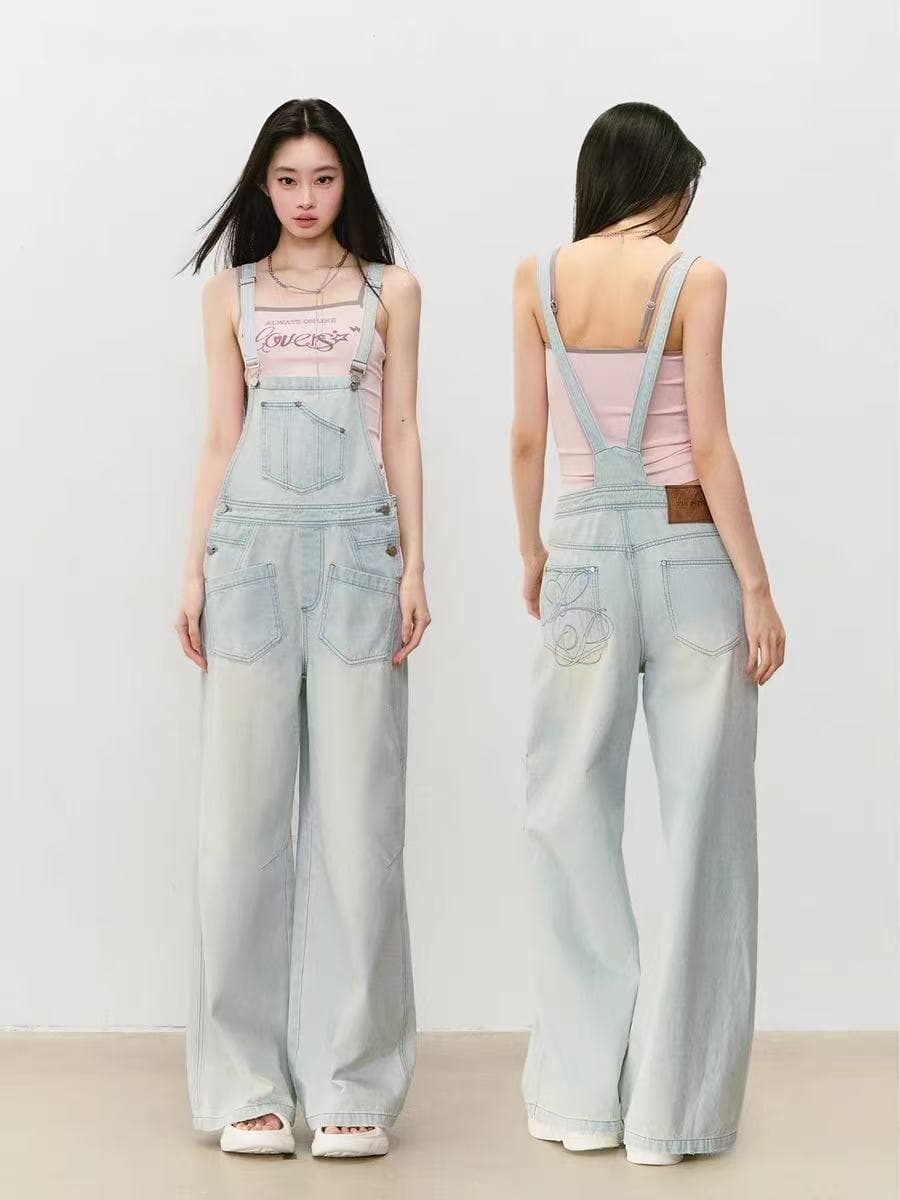 무거운 작업 워싱 하늘색 데님 캐주얼 멜빵 긴 바지 여성 의류 여름 루즈핏 복잡한 다용도 바지 이미지 4