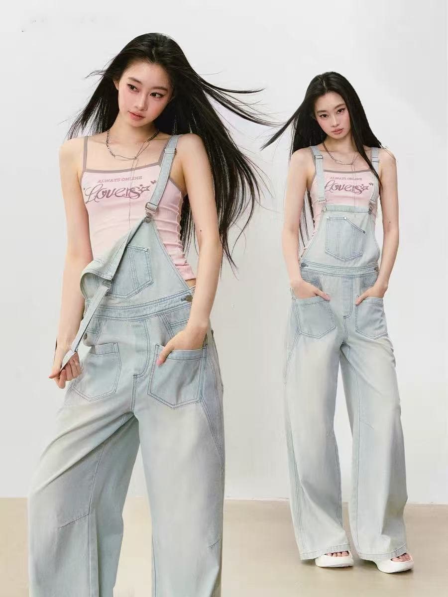 무거운 작업 워싱 하늘색 데님 캐주얼 멜빵 긴 바지 여성 의류 여름 루즈핏 복잡한 다용도 바지 이미지 3