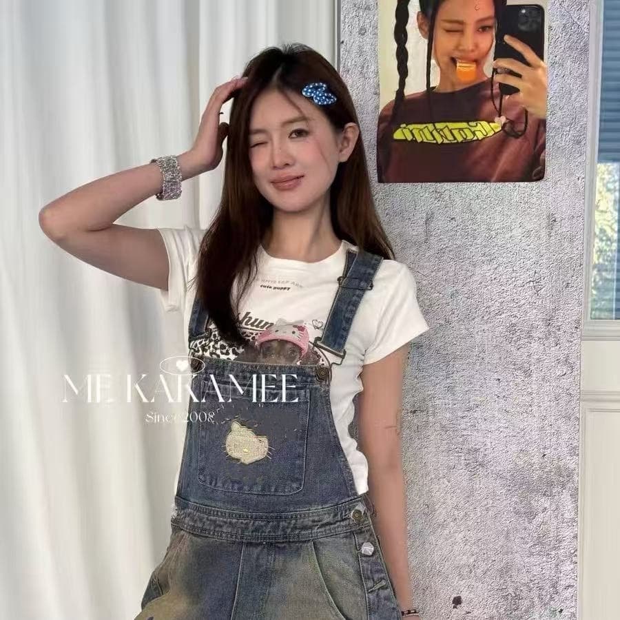 me kakamee 열세 개 봄 신제품 자수 워시 물 먹물 낙서 디자인 센스 멜빵 바지 여성 이미지 5