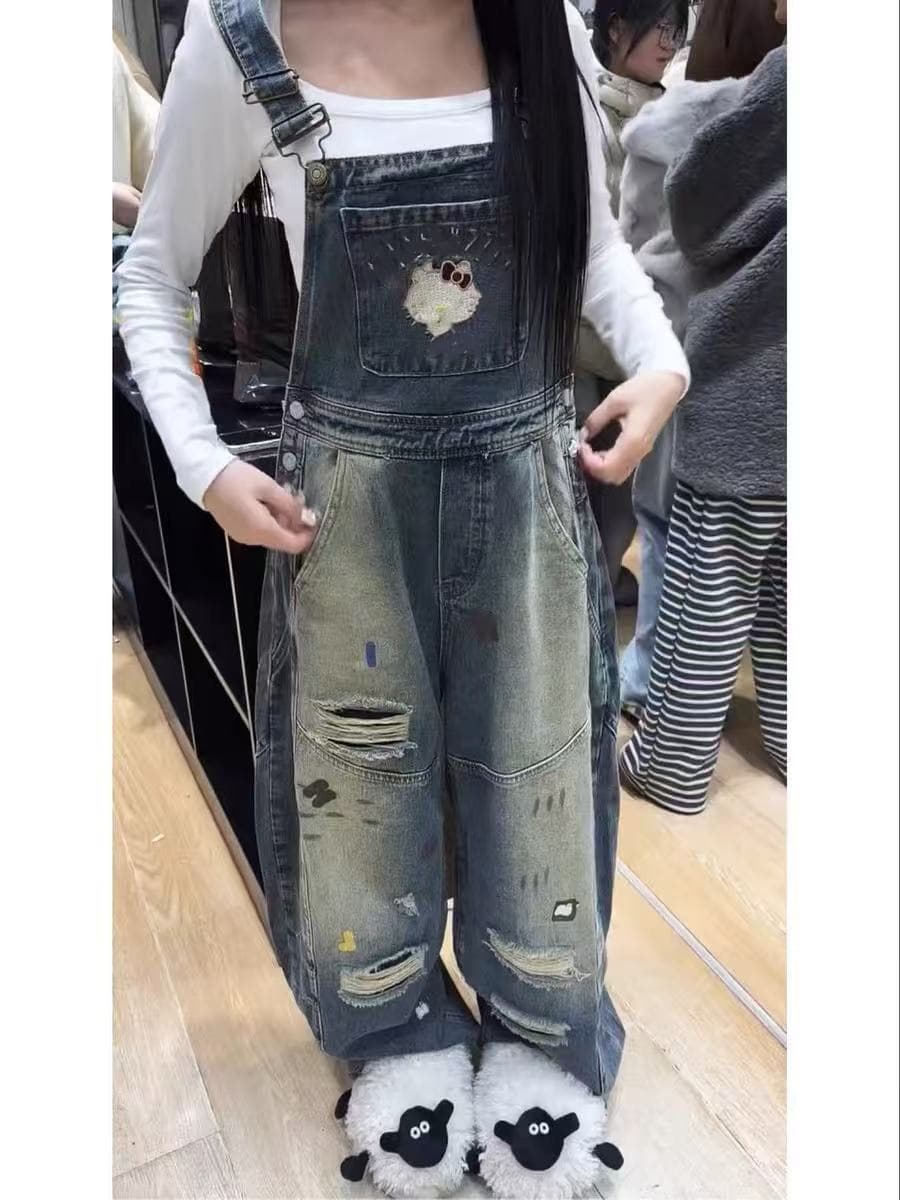 아메리칸 레트로 워싱 먹물 만화 자수 데님 멜빵 바지 여성 디자인 센스 루즈핏 넓은 다리 바닥 청소 바지 이미지 3